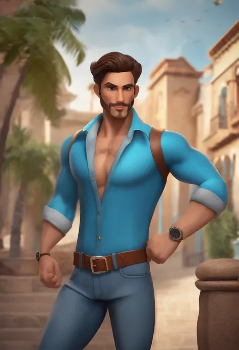 personagem dos desenhos animados de um homem com cabelo castanho claro, Blue Eyes Animation Character, Caractere estilizado, animation style rendering, 3D estilizado, Wearing a button-down shirt with a Brazilian flag in the background