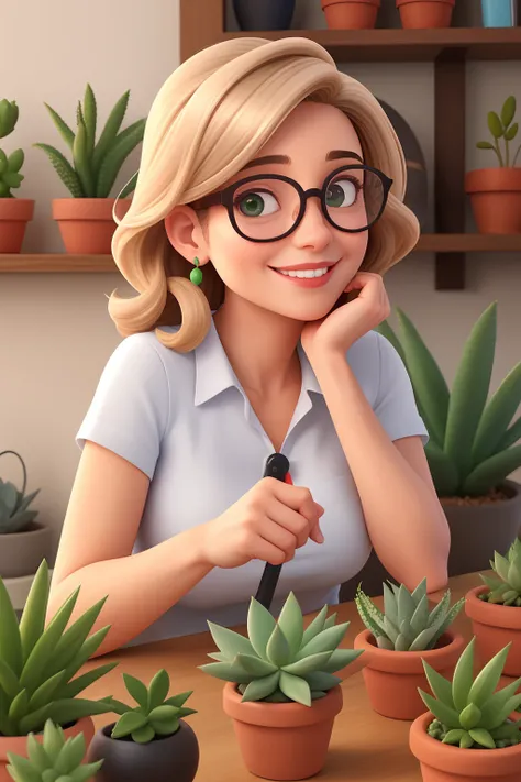 Uma mulher de 41 anos, com cabelos castanhos medio, ondulado, Rosto oval, wearing prescription glasses, com sorriso encantador, e olhos castanhos, segurando um vaso de suculenta, and in the background several pots of succulents