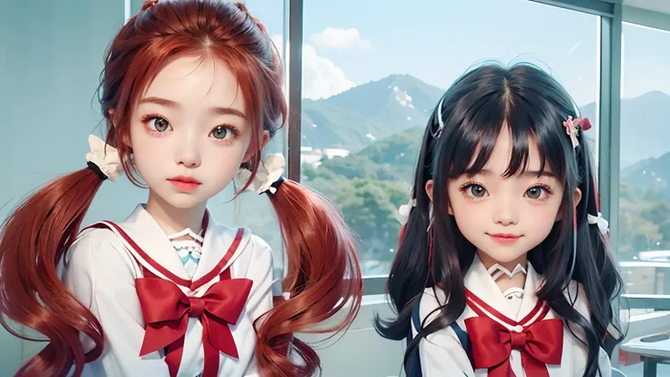 2 girls in、14years、hight resolution、a very cute、Ultra-detailed images、I am very happy、校服、Lori、Twin-tailed girl with wavy red hair and blue-haired girl with medium hair、(japanes)、teens girl、Look at viewers