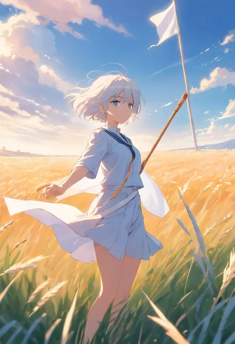 A white female anime with white hair and eyes and white clotes in a field holding A white flag surrendering