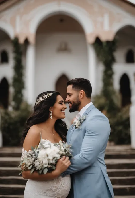 Casal reunido com os familiares em frente um pequena igreja em um dia nublado e chuvoso. The homm is loud, tem cabelos curtos e pretos, He wears a dark blue suit and his wife is 7 months pregnant, cabelos lisos, pretos e longos e com vestido de noiva branc...