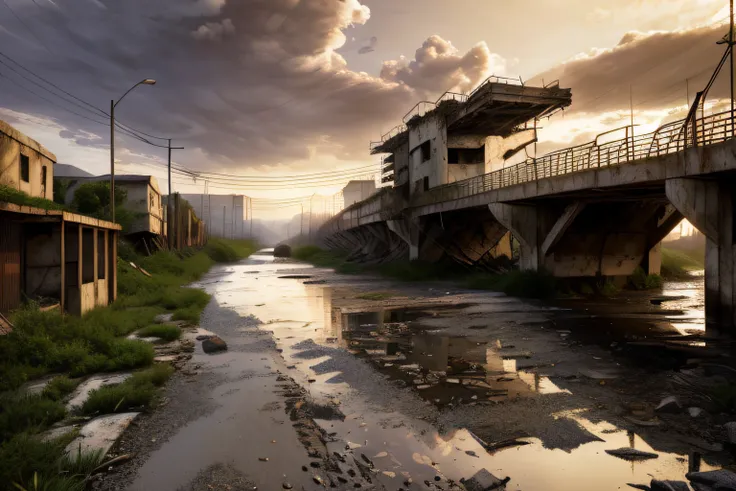 8k, Realistic, vray, HDR,  6000K,  on a collapsed post-apocalyptic bridge, metal retorcido espalhado, blocos de concreto, rio fluindo, Carros enferrujados.  S_Ambiente 4PO