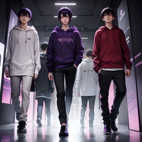 1 Purple Short-Haired Men，grey pupils，Look down，Ultra Clear HD Half Body，Rich in detail，masutepiece。Asia Youth、Shirts and hoodies、Two-block hair