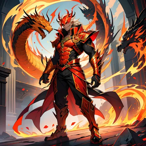 A golden serpent with red eyes and a sharp tongue. His skin glows with an intense glow and he is able to transform into a larger serpent, always engulfed in flames