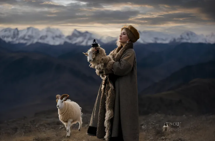 Arafi woman in a fur coat，With a camera and a goat, Inspired by Anne Leibovitz, inspired by Anna Füssli, inspired by Tom Chambers, woman in a sheep costume, matte painting portrait shot, tom chambers photography, a young woman as genghis khan, photography ...