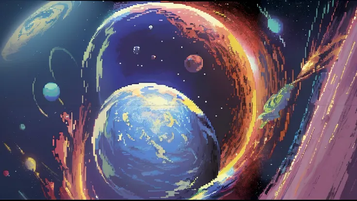 a close up of a pixel style picture of a planet with a bright blue center, detailed pixel artwork, pixel art", space art, planets colliding, with earth in the background, # pixelart, #pixelart, detailed pixel art, beautiful detailed pixel art, 32-bit pixel...