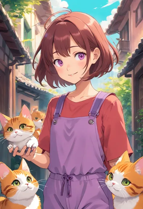 Apresentando o protagonista, a young asian girl named Sara she has short straight hair light red. Shes wearing a lilac jumpsuit, Seus olhos castanhos. She is shown with kittens, andando numa rua do Brasil, She is grinning. No fundo uma rua