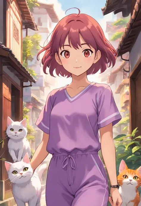 Apresentando o protagonista, a young asian girl named Sara she has short straight hair light red. Shes wearing a lilac jumpsuit, Seus olhos castanhos. She is shown with kittens, andando numa rua do Brasil, She is grinning. No fundo uma rua