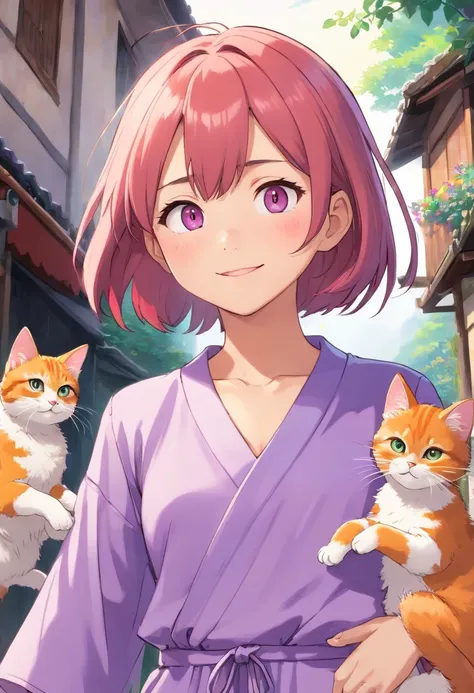 Apresentando o protagonista, a young asian girl named Sara she has short straight hair light red. Shes wearing a lilac jumpsuit, Seus olhos castanhos. She is shown with kittens, andando numa rua do Brasil, She is grinning. No fundo uma rua