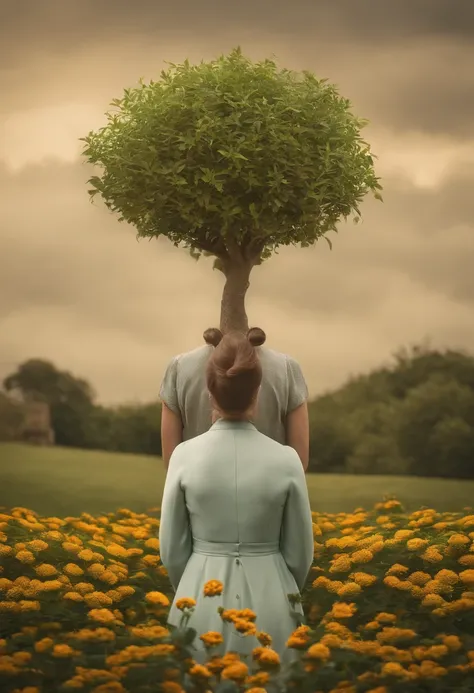 Theres a woman with a plant in a pot on her head, uma imagem inspirada em Rene Magritte, Shutterstock, figurativismo, flowers growing out of its head, mulher feita de plantas, growth on head, person made of tree, branches sprouting from his head, planta em...