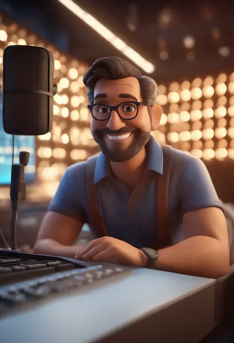 A Pixar-style 3D poster, Captura de uma cena com o fundo de videoaula com um homem negro de 40 anos, Rosto redondo, corpo atletico, preto, cabelos pretos bem curto,  sem barba, without glasses , Hes happy with a keyboard( plano ) On a recording studio back...