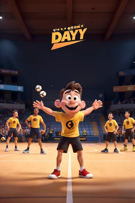 create a "Disney Pixar" style image or poster with the players being Looney Tunes, with a yellow shirt and black color on the top of the shirt of a handball team with 7 players on a handball court with a handball goal in the background like a movie poster ...