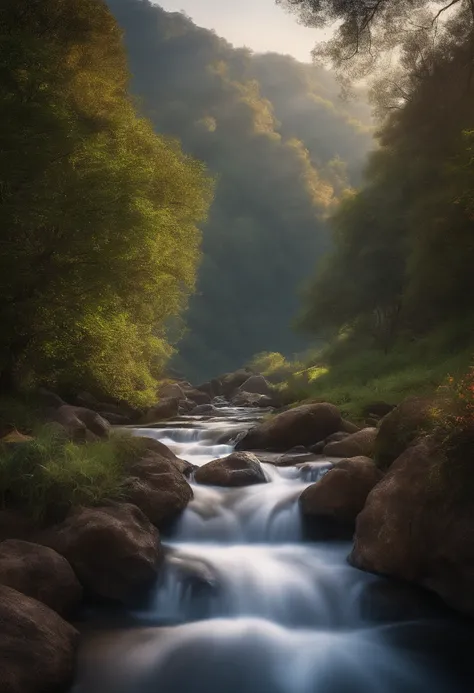 analogue style,ChromaV5,Nvinkpunk,(extremamente detalhado CG unidade 8k papel de parede),Imagem de um rio majestoso, trees on the sides, Tiny waterfall, nevoeiro intenso ,fotografia premiada, chromatic aberration, circunstanciado , HDR, florescer, estilo p...