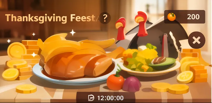 Thanksgiving sumptuous dinner Tables full of food Close-up of a plate of food，Grilled chicken on top, steak, ham, fruit, stylized flat colors, high quality low-poly artwork, stylized game art, Stylized art, paper craft low poly, looks realistic, in game gr...