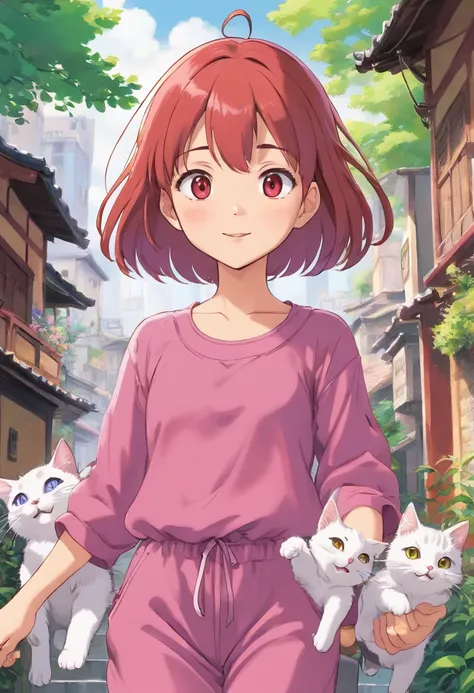 Apresentando o protagonista, a young asian girl named Sara she has short straight hair light red. Shes wearing a lilac jumpsuit, Seus olhos castanhos. She is shown with kittens, andando numa rua do Brasil, She is grinning. No fundo uma rua