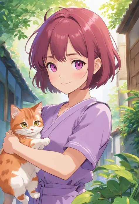 Apresentando o protagonista, a young asian girl named Sara she has short straight hair light red. Shes wearing a lilac jumpsuit, Seus olhos castanhos. She is shown with kittens, andando numa rua do Brasil, She is grinning. No fundo uma rua