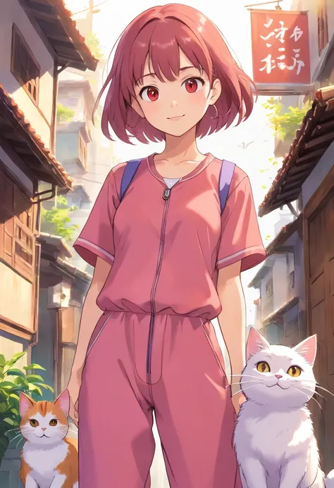 Apresentando o protagonista, a young asian girl named Sara she has short straight hair light red. Shes wearing a lilac jumpsuit, Seus olhos castanhos. She is shown with kittens, andando numa rua do Brasil, She is grinning. No fundo uma rua