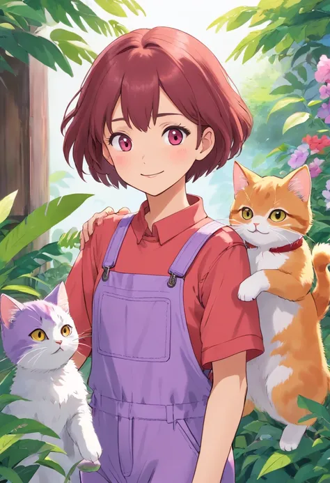 Apresentando o protagonista, a young asian girl named Sara she has short straight hair light red. Shes wearing a lilac jumpsuit, Seus olhos castanhos. She is shown with kittens, andando numa rua do Brasil, She is grinning. No fundo uma rua