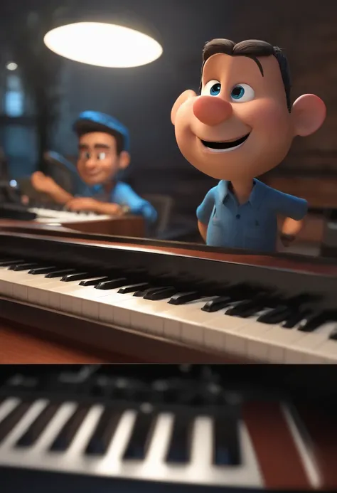 A Pixar-style 3D poster, Captura de uma cena com o fundo de videoaula com um homem negro de 40 anos, corpo atletico, portanto, cabelos  bem curto, Hes happy with a keyboard( Piano ) On a recording studio background with LED lights making videos for your st...