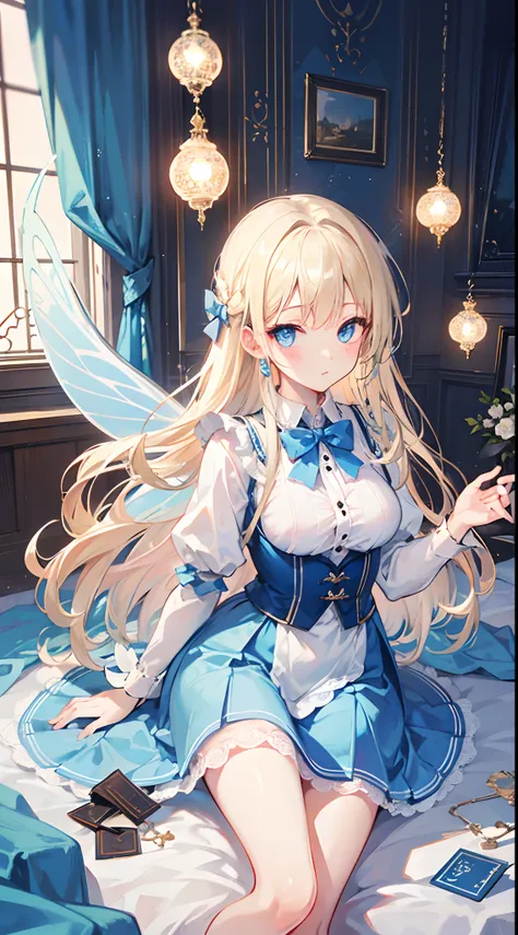 Long blond hair, blue eyes, light blue skirt, light blue bow, Alice, fairy tale, European style