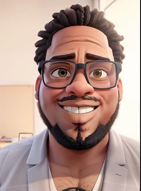 A 28 year old fat black man with a full beard and long curly hair wearing glasses in an office