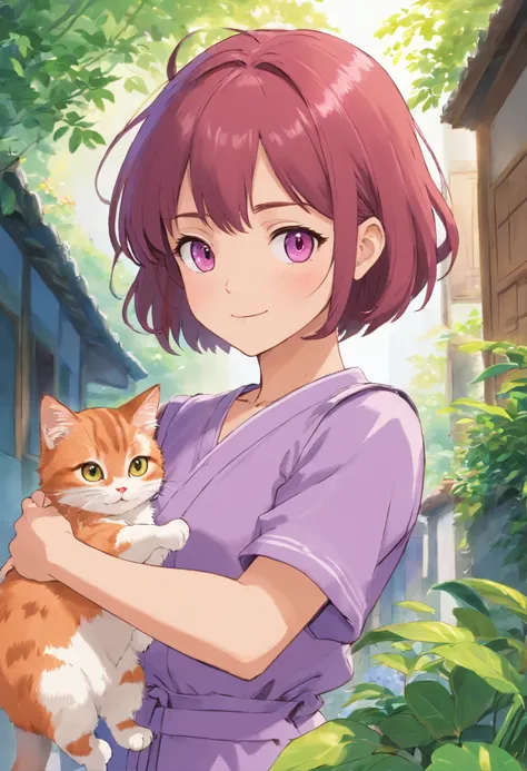 Apresentando o protagonista, a young asian girl named Sara she has short straight hair light red. Shes wearing a lilac jumpsuit, Seus olhos castanhos. She is shown with kittens, andando numa rua do Brasil, She is grinning. No fundo uma rua