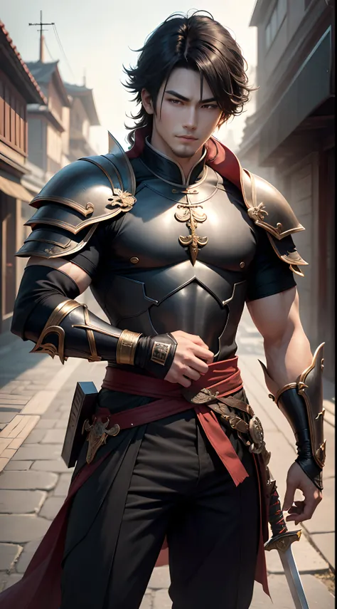 8K,Photorealsitic　Raw photography　top-quality;1.4) 　(1 Juvenile Attendant)　Super handsome use　(Lifelike face)　Shonen Demon Slayer　Black and red combat uniform　Black pants　Leggers Armor　Beautiful expression　超A high resolution　A smile　accurate detail　real lo...