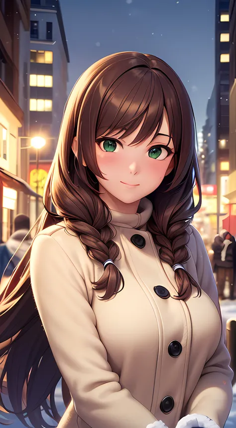 ((masterpiece, best quality, highres, UHD, perfect pixel, depth of field, 4k, RTX, HDR)), 1girl, single, solo, 24 years old, beautiful anime girl, beautiful artstyle, anime character, ((long hair, bangs, braided hair, brown hair, wavy hair)), (green eyes:1...