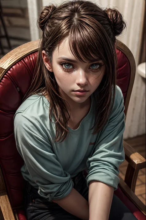 8K,Best quality, masterpiece, ultra high res, (photorealistic:1.4), raw photo, (Authentic skin texture:1.3), (film grain:1.3), (selfie angle),1girl, one bun hairstyle, brown hair, sitting, chair, bored, hand supporting chin, beautiful detailed eyes and fac...