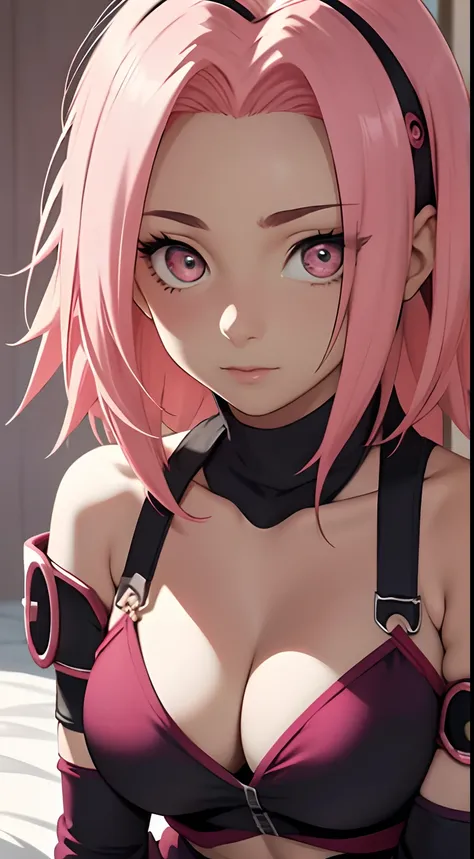 tmasterpiece， Best quality at best， 1girll，Solo， Sakura Haruno， Large breasts，Off-the-shoulder attire，（cleavage)，（upperbody closeup)，Raised sexy，is shy，with pink hair， long whitr hair， （greene eyes:1.3)， Forehead protection， Lying on a white bed，barecheste...