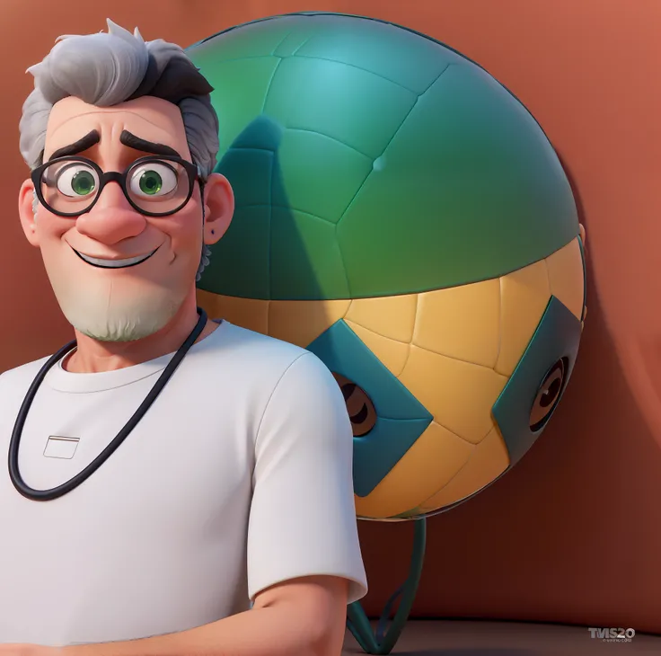 Transformar a imagem em 3d no estilo Disney pixar, black necklace on neck, barba branca cortada bem baixinha, Round Glasses Black Frame, The frame in the background is the dome of the Teatro Amazonas inverted with a ball made of green leaves inside.