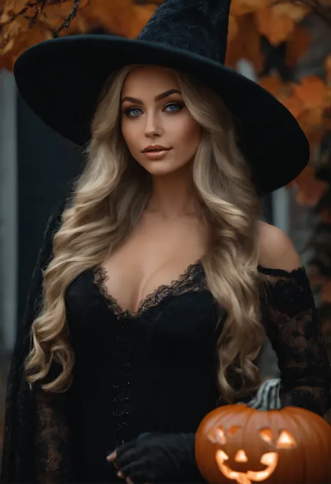 arafed woman fully , sexy girl with blue eyes, ultra realistic, meticulously detailed, portrait sophie mudd, blonde hair and large eyes, selfie of a young woman, meticulously detailed, wearing sexy witch costume for Halloween. Standing in front of black ho...