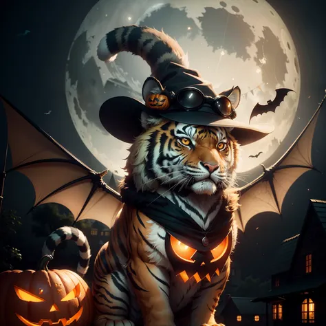 Cute tiger wearing Halloween hat，（master-piece，bestquality：1.2），Best Lights，best shadows，Show background, . . . . . .bat,full big moon,Old House,stylized 3d render