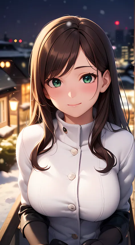 ((masterpiece, best quality, highres, UHD, perfect pixel, depth of field, 4k, RTX, HDR)), 1girl, single, solo, 24 years old, beautiful anime girl, beautiful artstyle, anime character, ((long hair, parted bangs, brown hair, wavy hair)), (green eyes:1.4, rou...