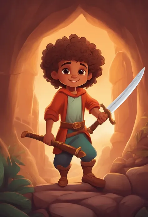 Curly child in cartoon style, Holding a wooden sword in an adventurous setting in his home