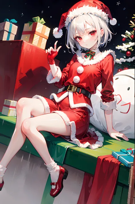 White short hair, red eyes, Santa hat, red coat, winter, Christmas, red skirt, green shoes, white socks, Christmas