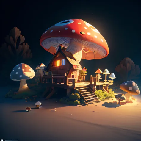 Masterpiece, Best quality, (Extremely detailed Cg Unity 8K wallpaper), (Best quality), (Best Illustration), (Best shadow), Alimentari，red colour，Mushroom hut， Isometric 3D, rendering by octane,Ray tracing,Ultra detailed，at a forest，rays of sunshine，