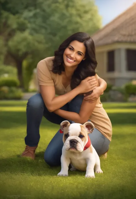 Disney Pixar-inspired poster with the title Happy Couple, menino, Morena, barba curta, wearing cap, 34 anos, sorridente, Woman, shoulder-length black hair, Orthodontic braces on the teeth, sorriso marcante, Sitting on the lawn with a 2-month-old French bul...