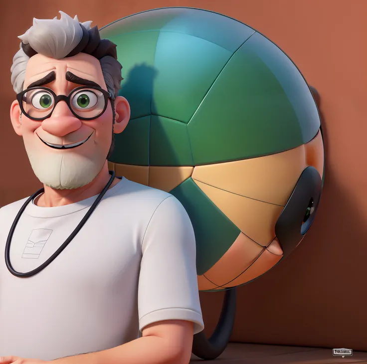 Transformar a imagem em 3d no estilo Disney pixar, black necklace on neck, bigode e barba branca cortada bem baixinha, Black Frame Round Glasses, The frame in the background is minverted with a ball made of green leaves inside.