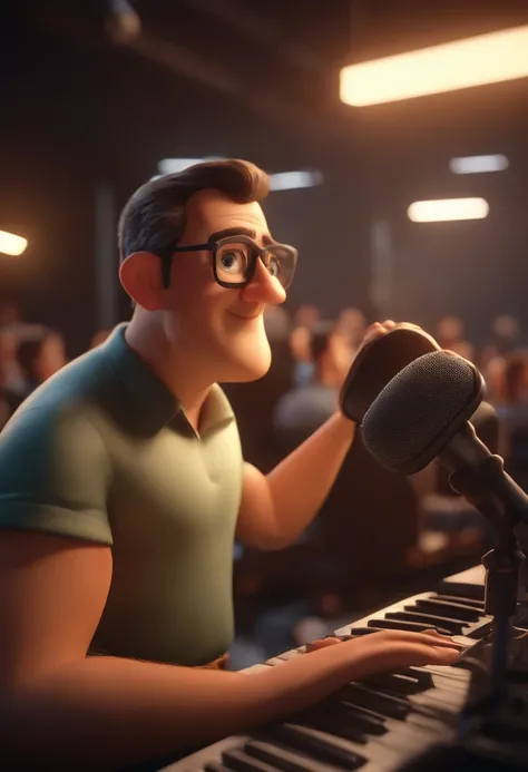 A Pixar-style 3D poster, Captura de uma cena com o fundo de videoaula com um homem negro de 40 anos, Rosto redondo, corpo atletico, portanto, cabelos portantos bem curto,  sem barba, without glasses , Hes happy with a keyboard( Plano ) On a recording studi...