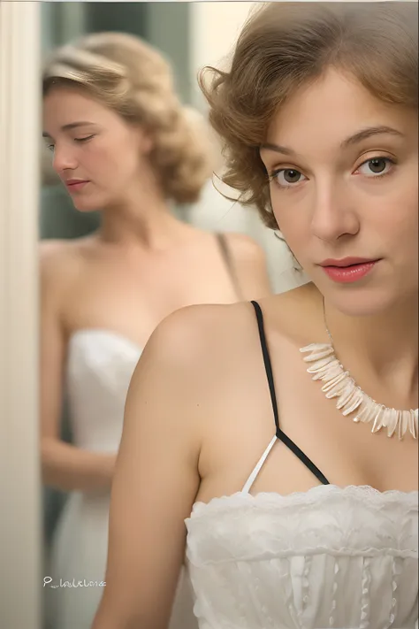 Il y a une femme en robe blanche qui regarde son reflet dans un miroir, image portrait, Décolleté, Sandra Chevier, Photographie de boudoir, Portrait féminin, photo portrait, inspiré par Elsa Bleda, Portrait 60mm, Malika Favre, collerette sculptée fractale ...