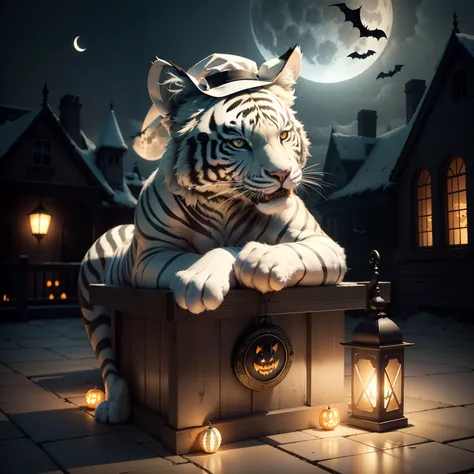 White tiger in Halloween hat.，（master-piece，bestquality：1.2），Best Lights，best shadows，Show background, . . . . . . .bat,full big moon,Old House,stylized 3d render