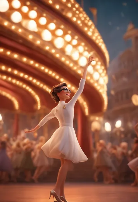 "(best quality,ultra-detalhado,Realistic:1.37),3D rendering,illustration,design de personagens,cabelos curtos e cacheados escuros,belos olhos detalhados,wearing white glasses,Estilo Pixar,morena mulher,Dancing on the Disney stage,atmosfera animada,vivid co...