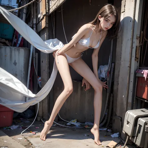 Slums, garbage heaps, many, many men, obscene, crowded, crowded, best quality, full body portrait (1:1), delicate face, 18 year old girl, slim and slender figure, skinny, smaller bust, white transparent bikini, looming, panties to crotch, barefoot, complet...