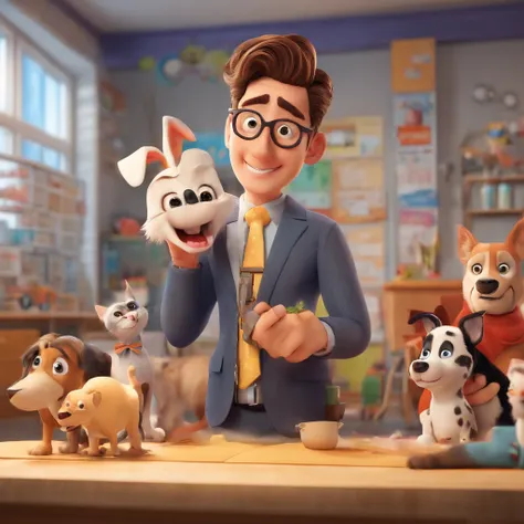 Create a Disney Pixar-inspired poster featuring a tall, white, blond man with a thin beard and glasses in a suit and camera, with a short, pretty, round-eyed, smiling girl with black hair tied back in striped clothing in a veterinary clinic full of dogs an...