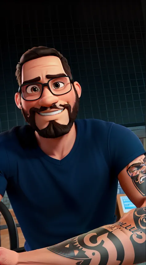 A white man with black drawn beard with tattoo on full arm and black hair on disney pixar model, alta qualidade, melhor qualidade.