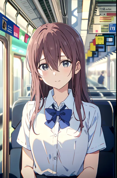 koe no katachi, shirt, 1girl, collared shirt, long hair, train interior, white shirt, bow, brown hair, short sleeves, letterboxed, bangs, solo, closed mouth, facing viewer, blurry, school uniform, blue bow, dress shirt, upper body, depth of field, hair bet...