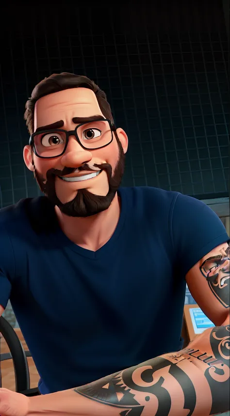 A white man with black drawn beard with tattoo on full arm and black hair on disney pixar model, alta qualidade, melhor qualidade.