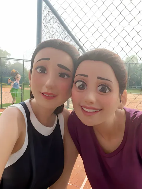 Two dark-haired and pinned women are posing for a photo on a tennis court, estilo Disney Pixar, alta qualidade, best resolution