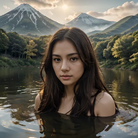 (best quality,4k,8k,highres,masterpiece:1.2),ultra-detailed,(realistic,photorealistic,photo-realistic:1.37),beautiful detailed brown eyes,long wavy brown hair,brown skin,girl looking at Mount Fuji,fascinated expression,breathtaking landscape,dreamy atmosph...